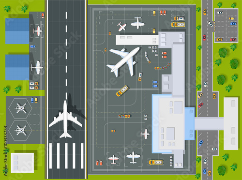 Overhead   point of view airport with all the buildings, planes, vehicles and airport runway