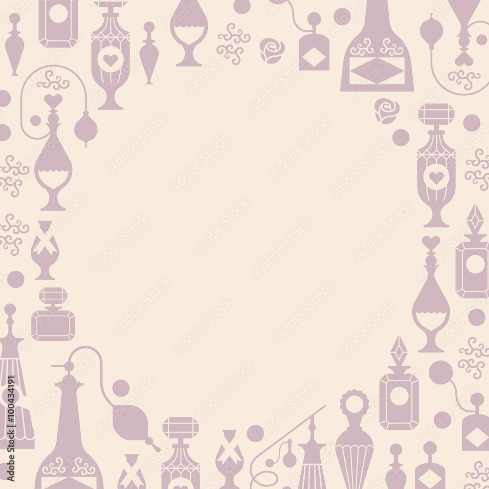 Decorative background with silhouettes of perfume bottles and packages. Banners with blank space for text blank space in a shape of circle, made in gentle colour palette.