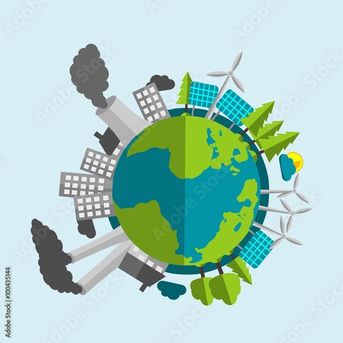 Planet Earth Cartoon - Half Filled With Renewable Energy Sources And Nature - Half With Industry And Pollution
