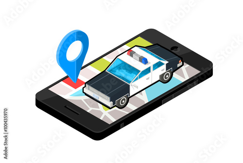 Isometric vector Smartphone Map - Police Service.
Phone Icon with city map locator to the emergency services. 