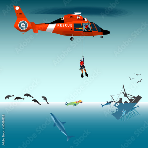 Red rescue helicopter and fishermen at sea. Rescuer helicopter. Rescuer descends. The collapse of the sea. A sinking ship. Shark. Fur seal. Fishing net. Rescue at sea.