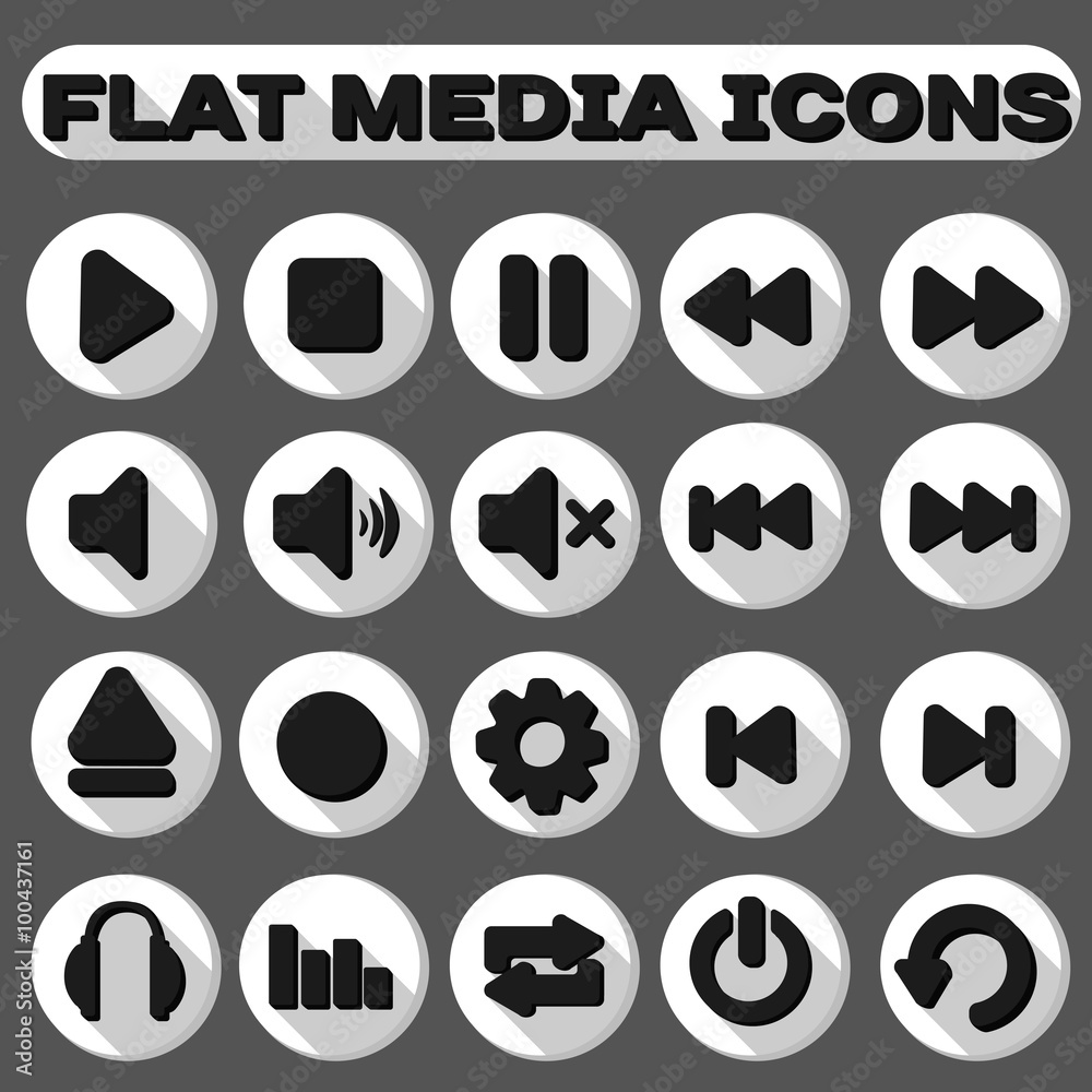 set Flat media icon black and white