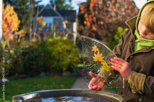 Young boy outside holding leaves frozen in ice