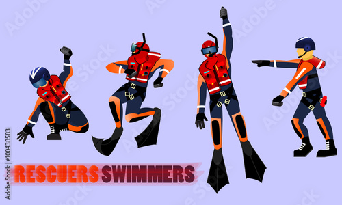 Rescuers swimmers. Team rescue. Set rescuers. Browsing. In water. In the sky. Standing. The vests. The helmets. The flippers. Vector graphics.