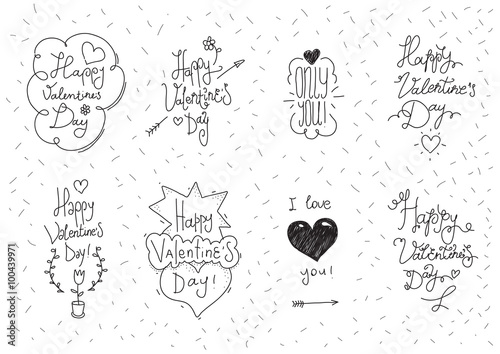 Valentines Day greeting cards 8 set. Hand drawn vintage design.