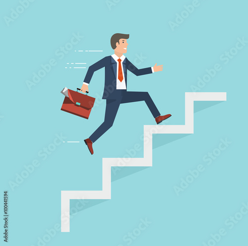 Businessman with suitcase climbing the stairs of success. Flat s
