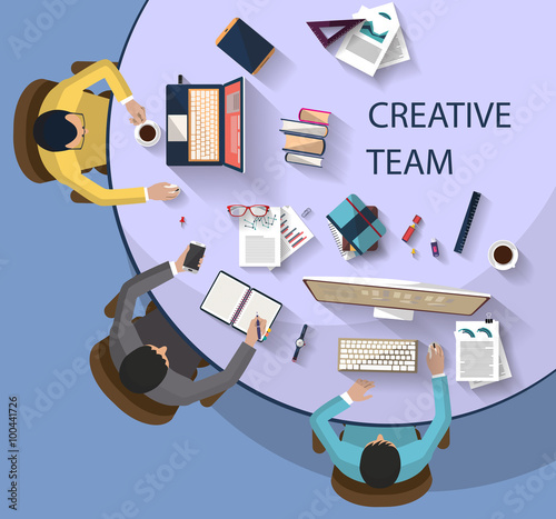 Flat design of business concept and work concept - top view of team of coworkers working together around a desk with laptop and tablet and smarth-phone. the image represent creativity, bright ideas.
