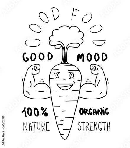 Carrot cartoon characters showing muscle arm. Health food concep