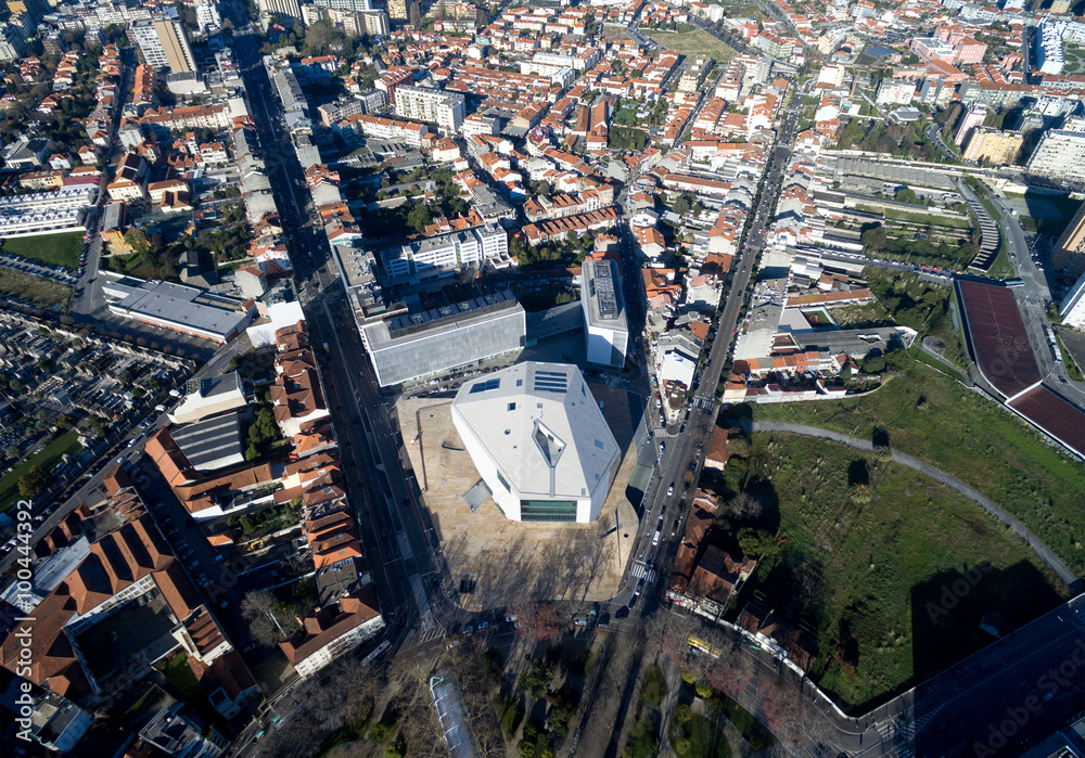 Naklejka premium Aerial View of Rotunda Square and House of Music, Porto, Portugal