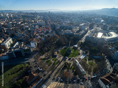 Aerial View of Rotunda da Boavista, also known as the Praça de Mouzinho de Albuquerque, is a large roundabout in Porto, Portugal photo