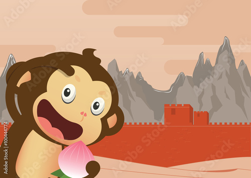 Monkey cartoon character and Great Wall of China Background. 2016 Happy Chinese New Year. Vector Illustration