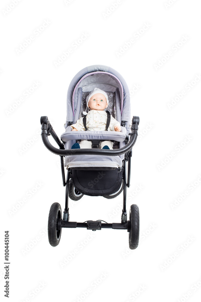 New gray modern pram with doll. New gray modern pram with doll.