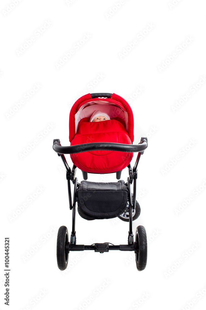 Red modern pram with doll. Red modern pram with doll.