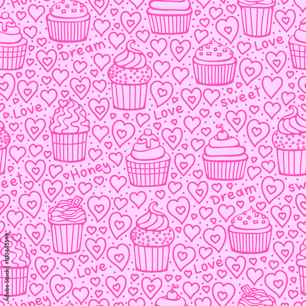 Sweet Valentines day background. Vector seamless pattern with doodle muffins and hearts. Love, honey, dream, sweet words.