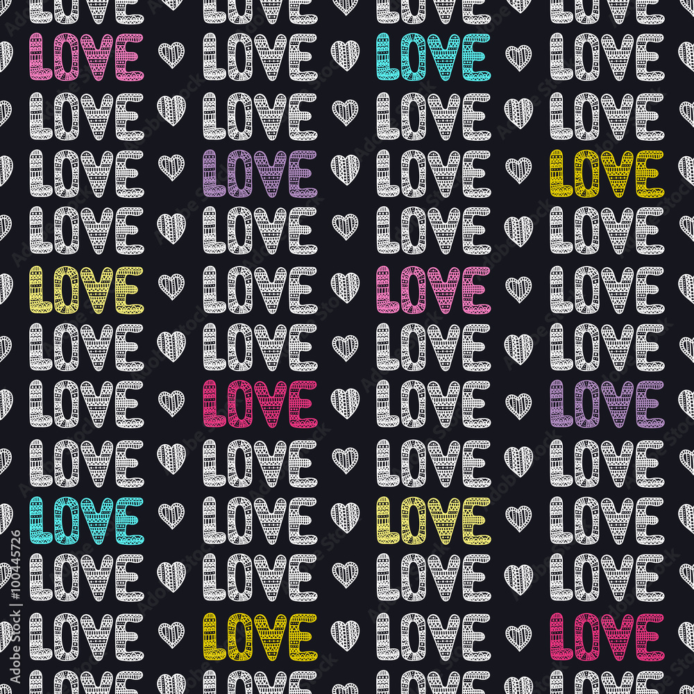 Doodle  seamless pattern with hearts and love. Cute colorful background for St. Valentine's Day.