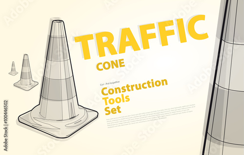 Wire nice classical traffic cone with white stripes with yellow and orange typography – Black and white construction tools – flatten illustration master vector icon – Catalog page set up.