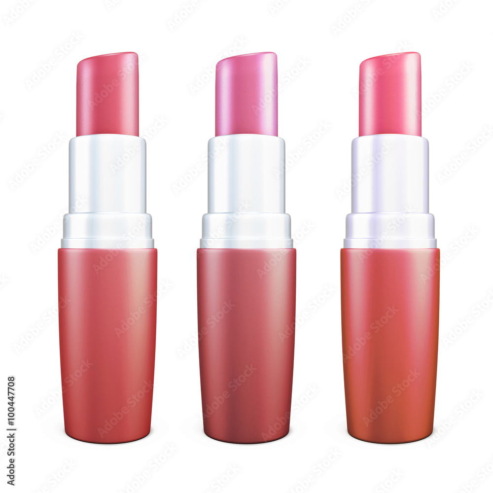 Three different shades of lipstick isolated on white background. Three different shades of lipstick isolated on white background.