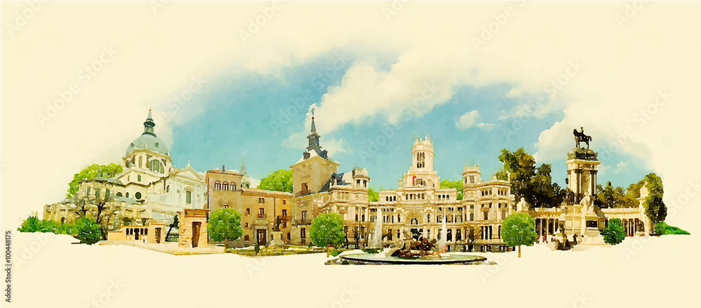 vector watercolor MADRID city illustration - obrazy, fototapety, plakaty 