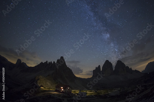 Milky way and stars to National Park Tre Cime di Lavaredo. Dolom