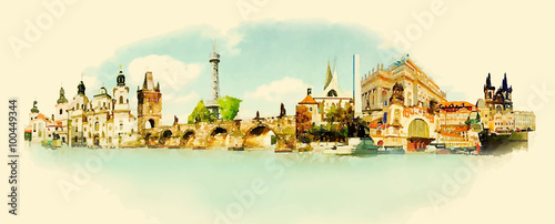 vector watercolor PRAGUE city illustration