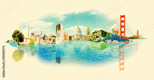 vector watercolor SAN FRANCISCO city illustration
