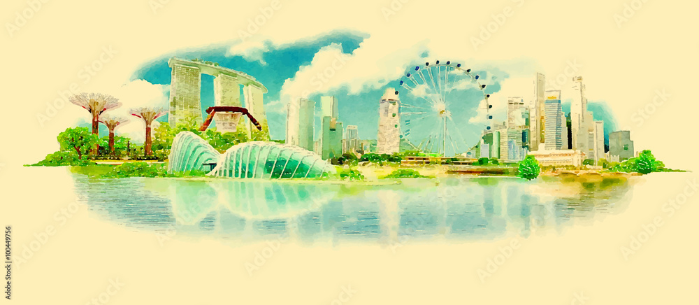 vector watercolor SINGAPORE city illustration