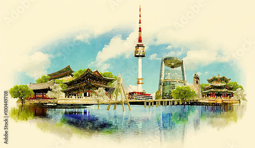 vector watercolor SEOUL city illustration