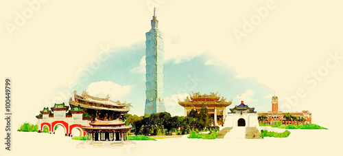vector watercolor TAIPEI city illustration