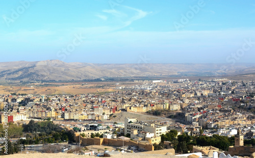 Fez, Morocco - December 28: The aerial view of Fes city town called Medina in Morocco