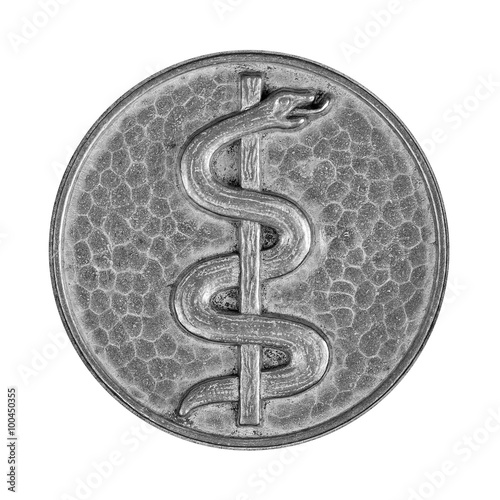 Rod of asclepius embossing on silver plate