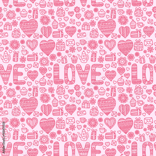 Valentine's day background. Seamless pattern with doodle love, heart, flower, letter, cups, teapots, muffins.