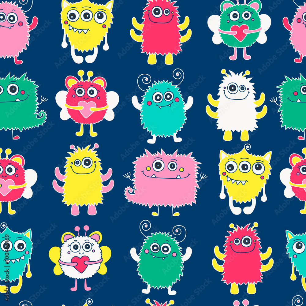 Fototapeta premium Cute monsters. Seamless pattern with fun doodle monsters. Colorful vector background for kids.