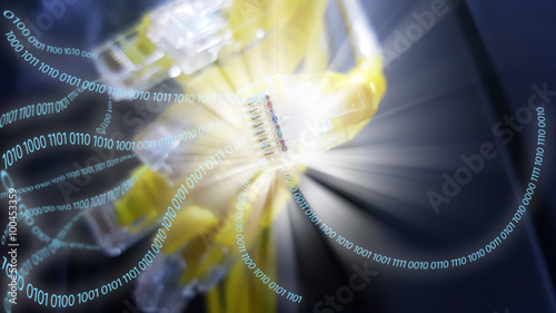 Close up LAN cable with binary data