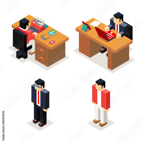 Businessman office workroom with laptop and documents isometric flat design vector illustration