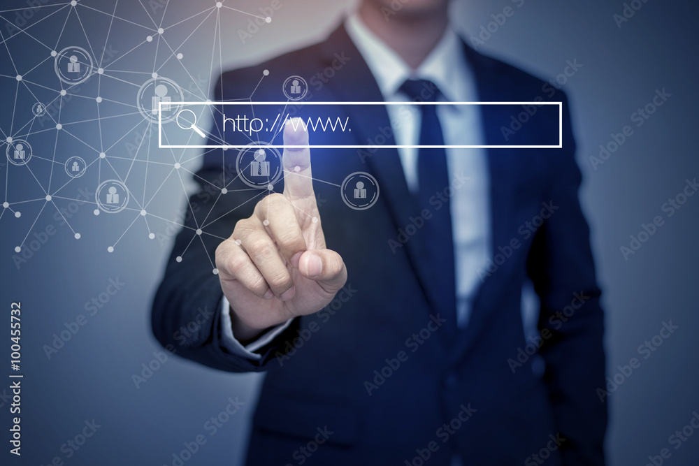 business man clicking internet search page on computer touch scr