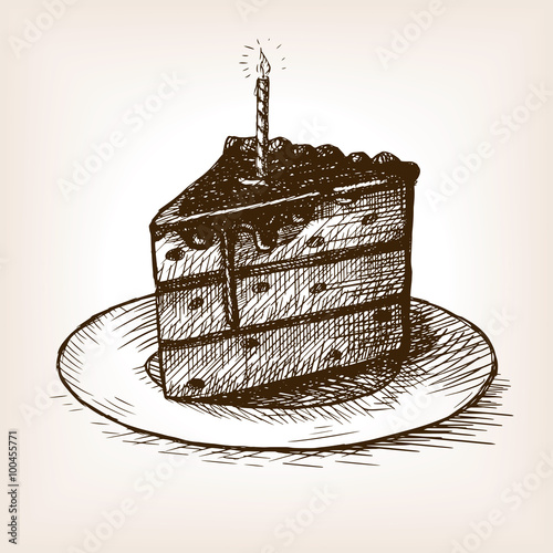 Piece of cake and candle hand drawn sketch vector