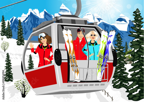 cable car or booth carrying skiers in the mountains 
