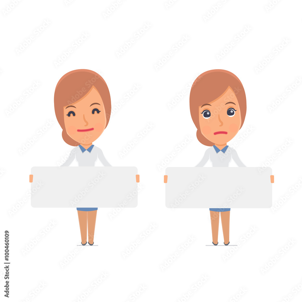 Funny Character Consultant Girl holds and interacts with blank f Funny Character Consultant Girl holds and interacts with blank f