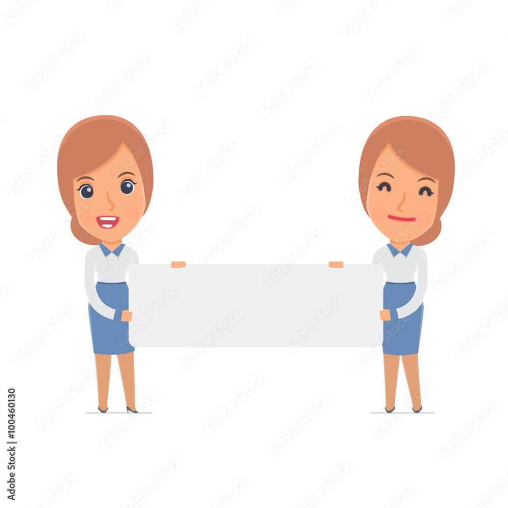 Funny Character Consultant Girl holds and interacts with blank f Funny Character Consultant Girl holds and interacts with blank f