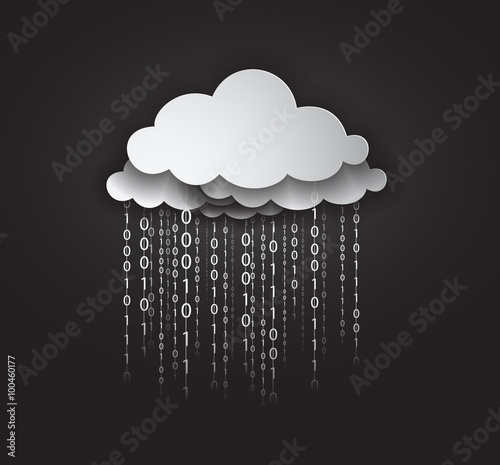Illustration of clouds computing services. cloud services raining data in form of binary codes. These data represent the services offered by the clouds and represents the data sharing and downloading.