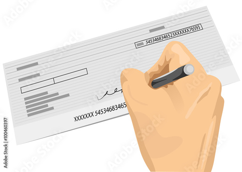 hand holding a pen signing a blank check