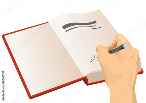 hand signing the first page of a hardcover