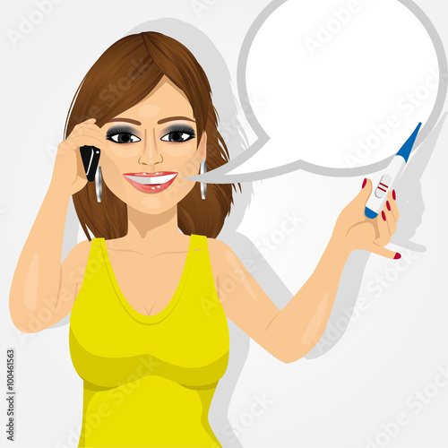 happy woman with positive pregnancy test talking on the smartphone