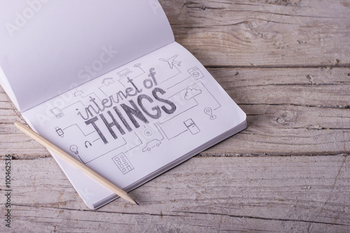 Internet of things . Pencil sketch drawing on a notebook. Wood texture.