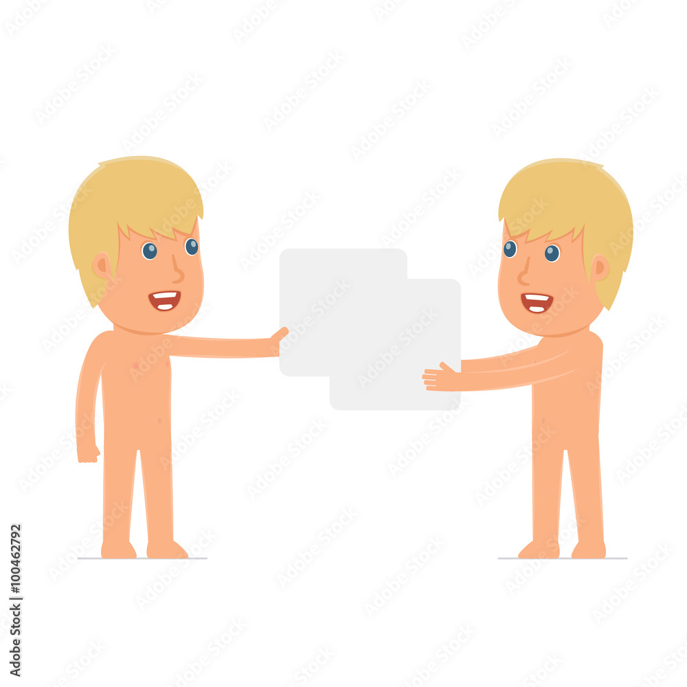Funny Character Naked Man holds and interacts with blank forms o Funny Character Naked Man holds and interacts with blank forms o