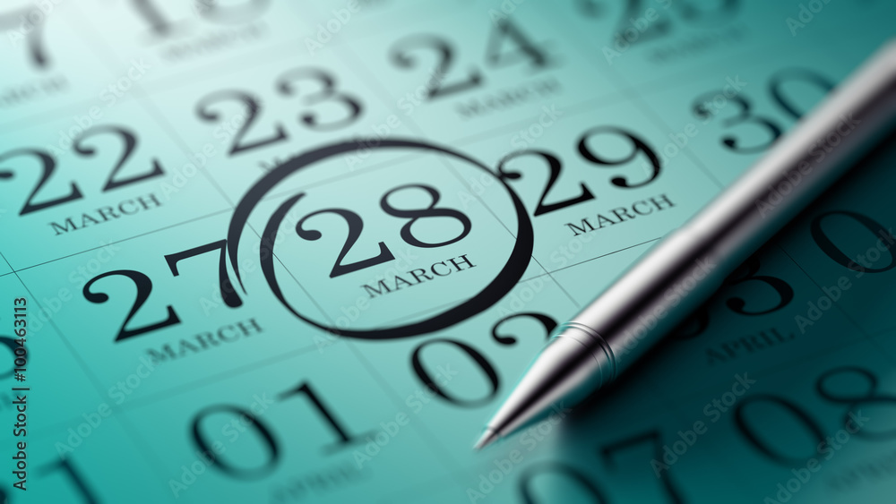 March 28 written on a calendar to remind you an important appoin