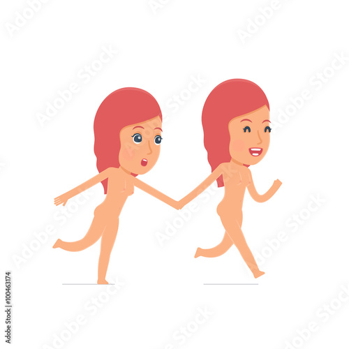 Happy and Joyful Character Naked Female runs and drags his frien