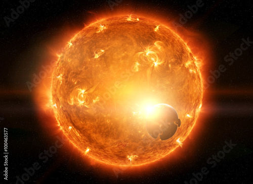 Exploding sun in space close to planet Earth and moon