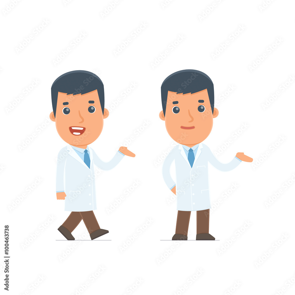 Funny and Cheerful Character Doctor making presentation using hi Funny and Cheerful Character Doctor making presentation using hi