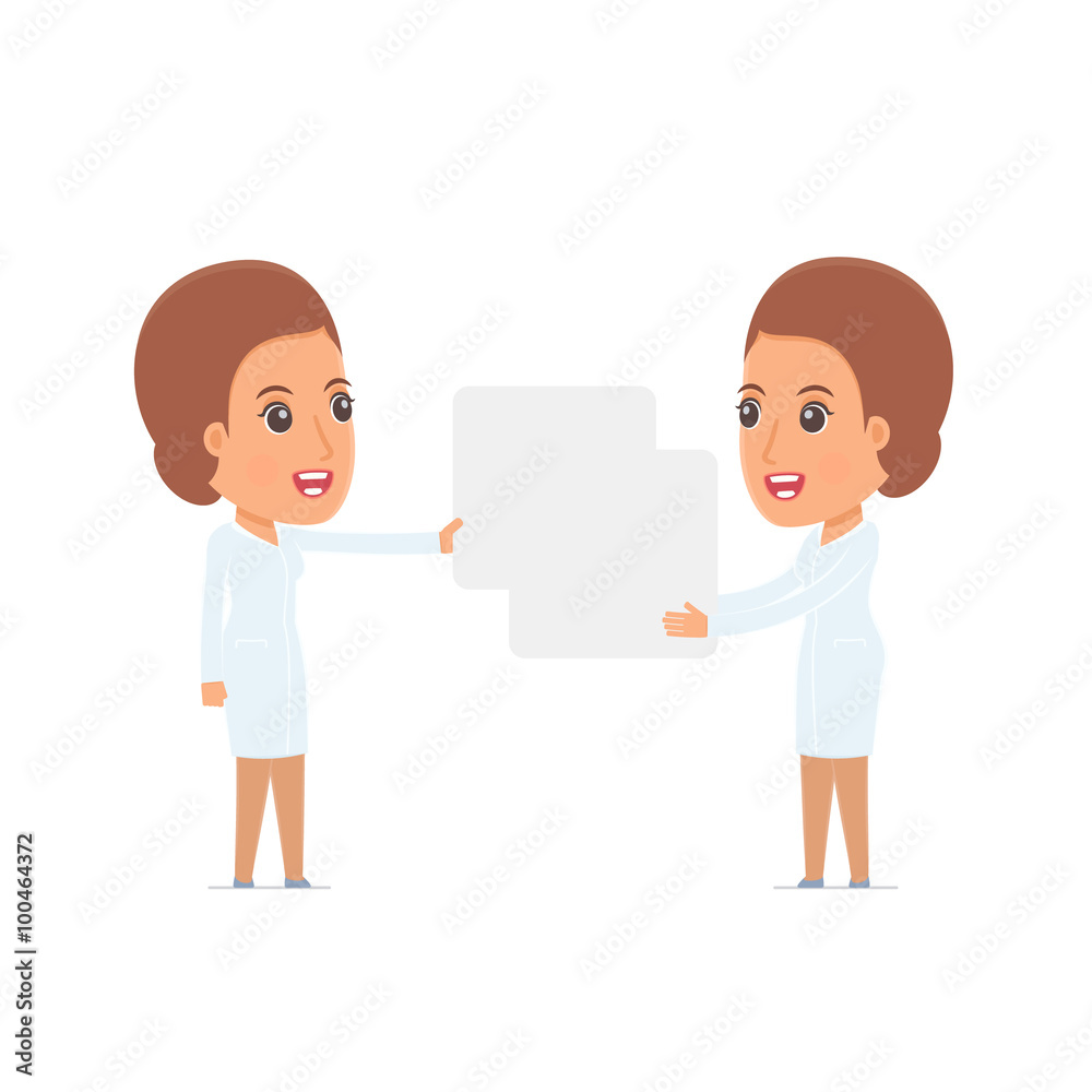 Funny Character Nurse holds and interacts with blank forms or ob Funny Character Nurse holds and interacts with blank forms or ob